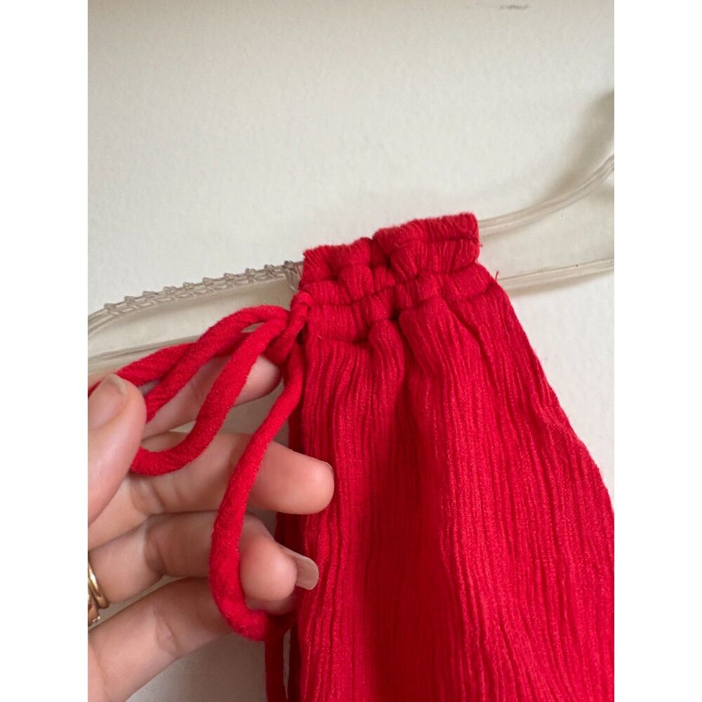 Tomato Red Crepe Romper XXS XS Petite Playsuit Deep V Empire Pocket Smock Tie Jr - Picture 4 of 8